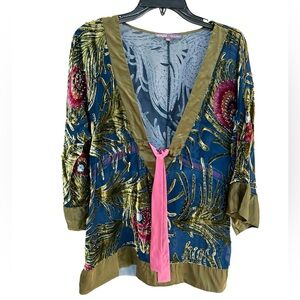 Hale Bob Beaded Velvet Burnout Peacock Blouse | Sheer Silk Blend | Size M